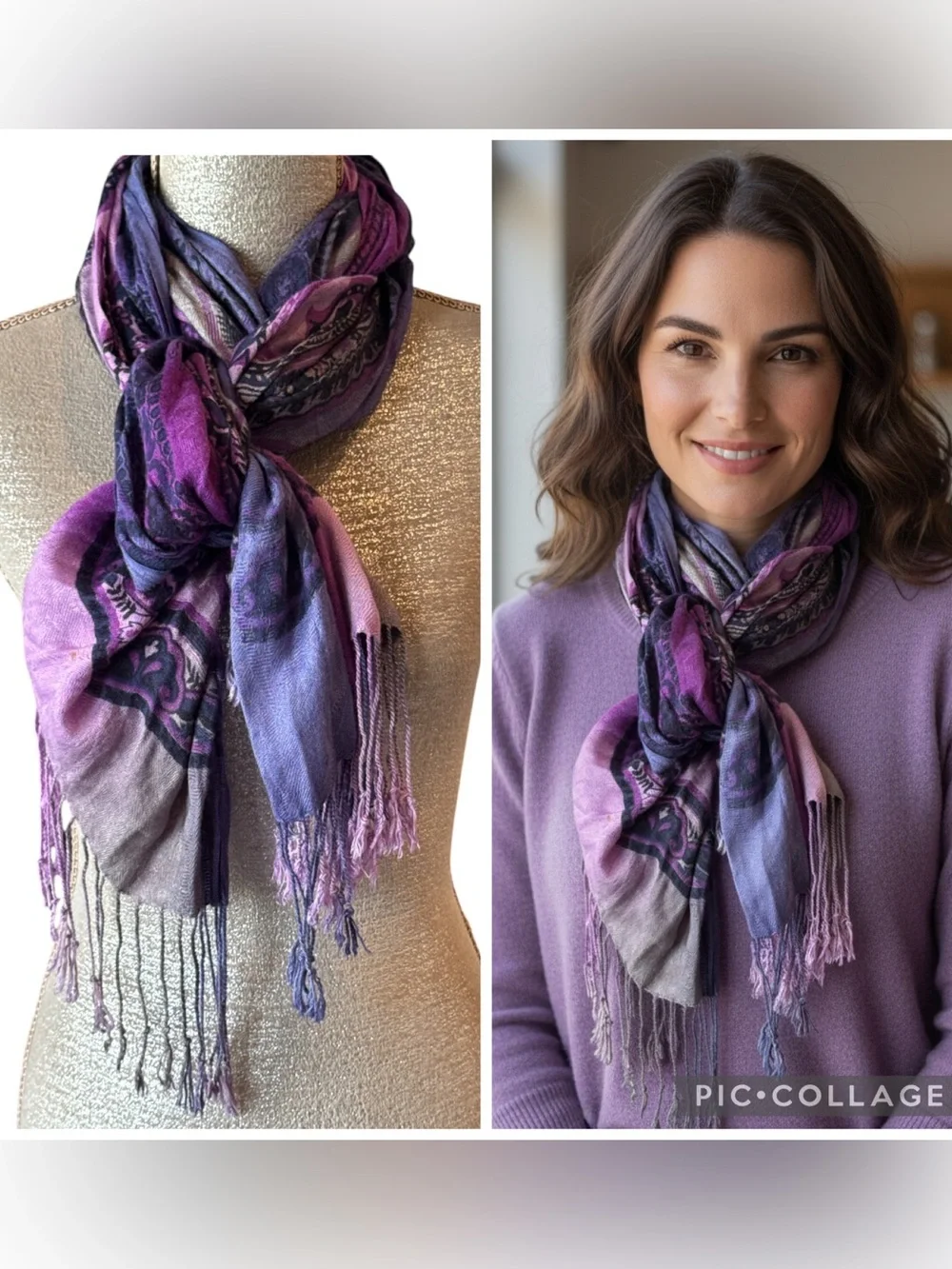 Boho Paisley Fringe Rayon Scarf Purple Pink Blue OS Made in India